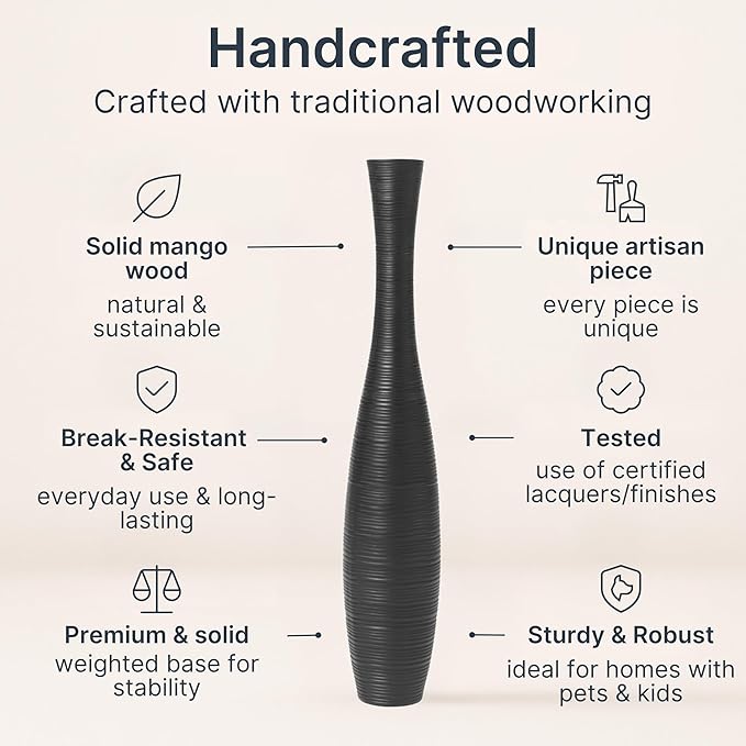 Leewadee Large Black Home Decor Floor Vase - Wooden 26 inch Tall Farmhouse Decor Flower Holder for Fake Plant and Pampas Grass