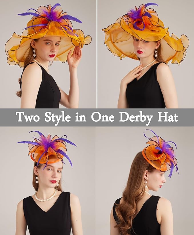Organza Derby Hats for Women Wide Brim Fascinator Hat Rose Flower Wedding Tea Party Hat