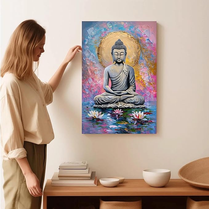 Lotus and golden Buddha meditation tranquil zen wall art mindfulness wall art for spiritual harmony and tranquility decor 24x36in Frameless