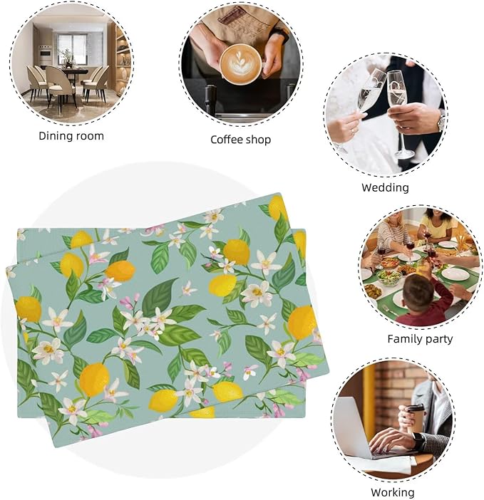 Lemon Linen Placemats Set of 6 Summer Tropical Fruits Floral Placemats for Indoor Outdoor Party Home Desktop Kitchen Dining Room Decor 12x18 Inch