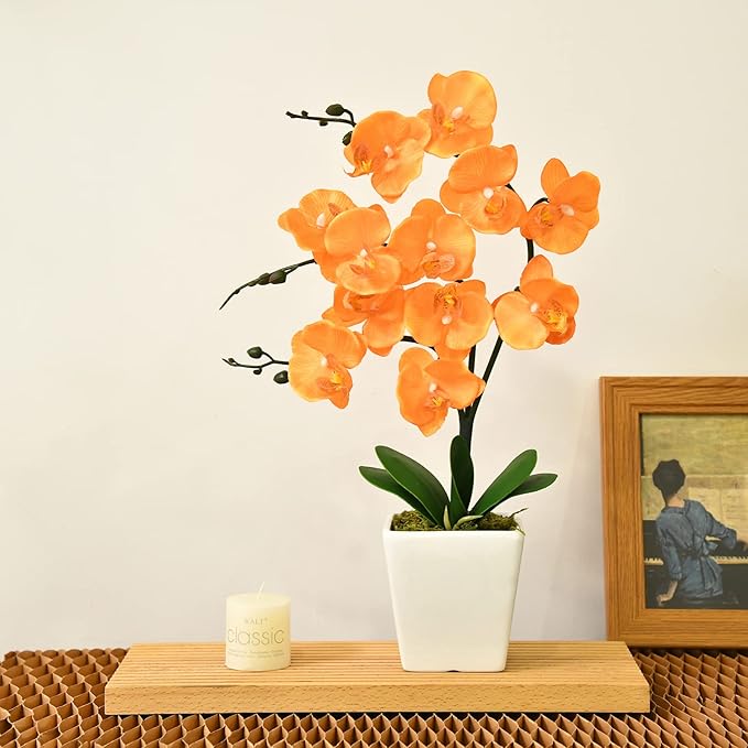 15" Tall Artificial Silk Phalaenopsis Orchid Flower Plant Pot Arrangements (Orange)