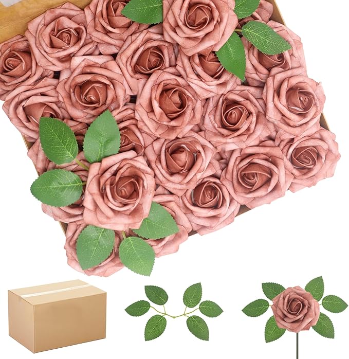 200PCS Warm Taupe Artificial Flowers Roses Real Looking Foam Fake Roses with Leaves for DIY Wedding Bouquets Bridal Shower Arty Decorations (Warm Taupe, 200)
