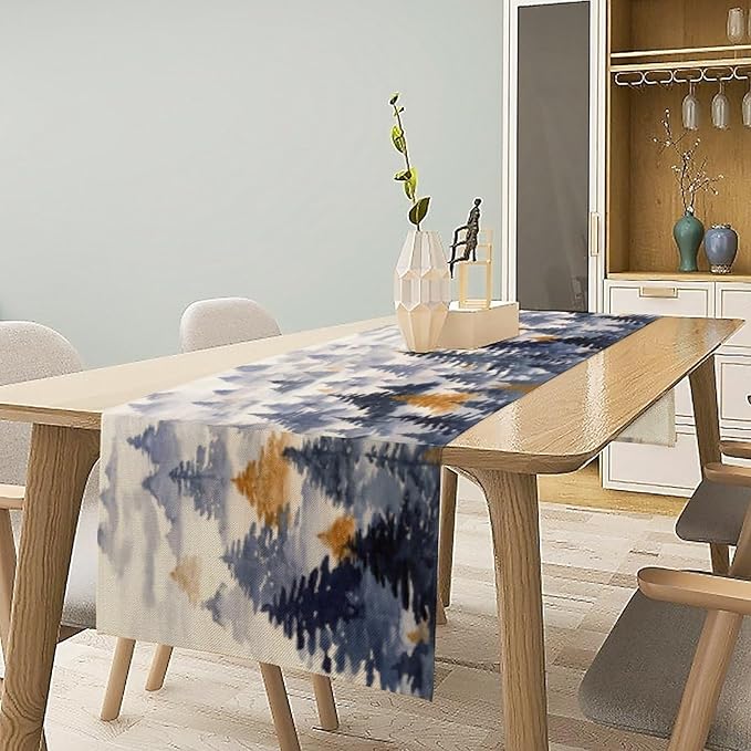 Watercolor Blue Pine Trees Table Runner, Forest Woodland Tabletop Scarf Home Kitchen Holiday Decor, Seasonal Farmhouse Rustic Dining Decorations Party Supply 13 X 120 Inch