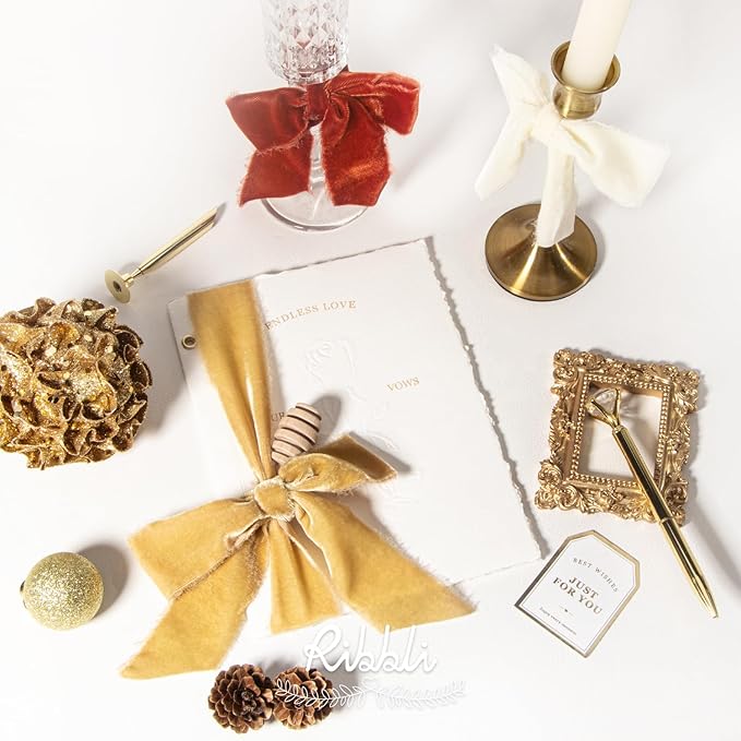 Ribbli Champagne Gold Velvet Ribbon 3 Inch Handmade Frayed Vintage Christmas Ribbon for Gift Wrapping Christmas Tree Ornament Wreath Craft Home Decor -3 Yards