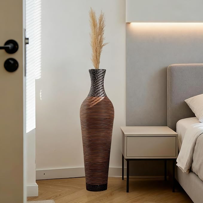 39-Inch Tall Vintage Floor Vase - Premium PVC Rattan Weave, Large Brown Standing Vase, Flower Holder for Home Decor (47 - Dark Brown)
