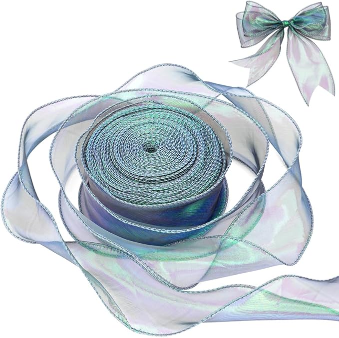 Iridescent Green Sheer Chiffon Ribbon – 2.4" Wide x 40 Yards – Perfect for Christmas Gift Wrapping, Floral Bouquets, Wedding Decor & DIY Crafts