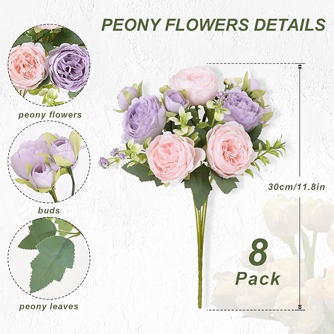 MARTINE MALL 8 Packs Peonies Artificial Flowers, Pinkish-Purple Artificial Peonies, Silk Peonies Flowers Fake Peonies Artificial Flowers Peonies Bouquet for Centerpiece Table Wedding Party Home Decor