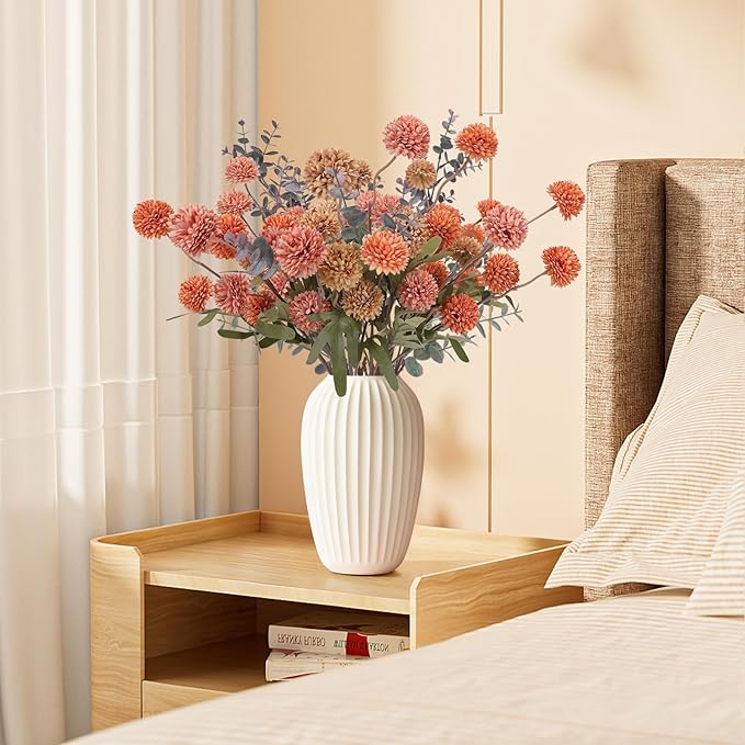 Geegoods 10 Stems Silk Pompon Mum Artificial Flowers with 2 Eucalyptus – 21’’ Long Stem Faux Chrysanthemums for Vase Arrangements, Rustic Farmhouse Fall Centerpieces & Autumn Décor