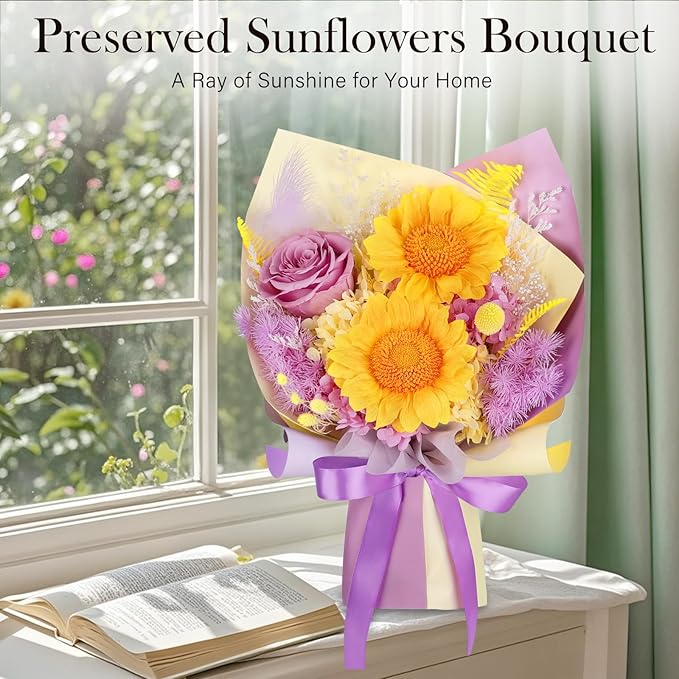 Preserved Sunflower Bouquet - Forever Flowers for Delivery, Purple Rose That Last 3 Years, Eternal flowers Bouquet for Her Mother Mom Wife Friends Birthday Sunflower Gifts for Women