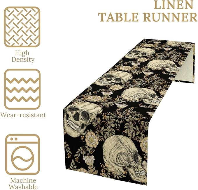 Gothic Table Runner,Vintage Floral Skull Print Table Runner for Home Kitchen Table Dining Garden Farmhouse Wedding Party Decor 13x70 Inch
