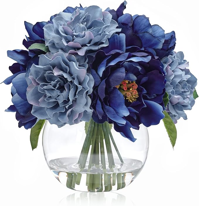 Artificial Flowers in Vase, Artificial Peonies for Vase with Faux Water, Silk Fake Flower Arrangements for Fall Winter Wedding Home Coffee Table Decor Thanksgiving Centerpieces (Blue)