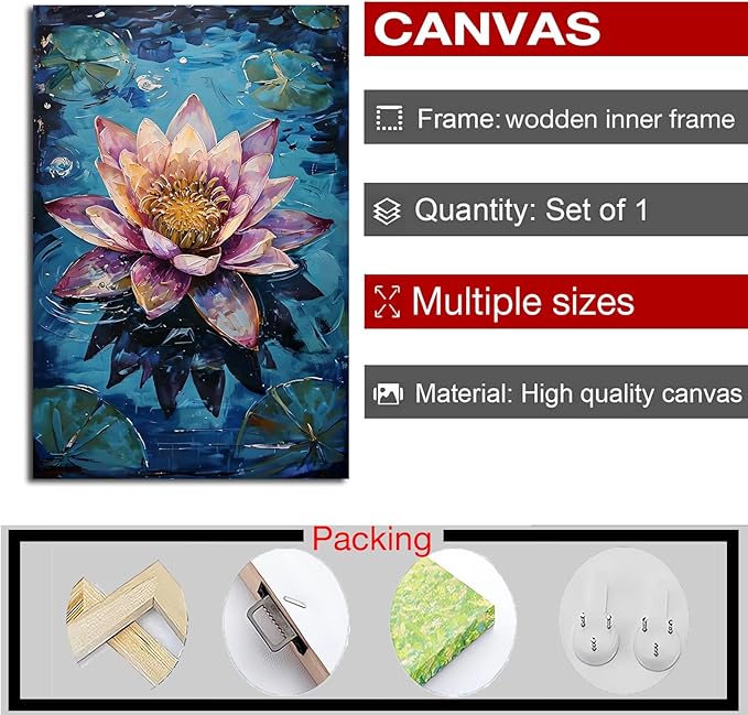 Gorgeous pink and purple water lilies on deep blue water Eye-catching oil painting Serene aquatic wall art for modern home decor 28x40in Wood Framed