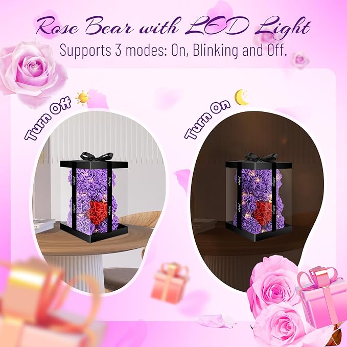 Otlonpe Cute Bear Rose Flower with Light | Women Gifts & Indoor Table Decorations for Christmas, Valentines, Mothers Day, Birthday, Anniversary | Handmade Gifts for Women Mom Wife Girlfriend (Purple)