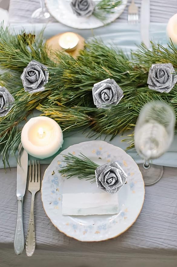 Artificial Flowers 30 PCS Silver Glitter Foam Artificial Flowers with Stem, Glitter Roses Shiny Flowers for DIY Wedding Bouquets Party Home Decor(Silver)