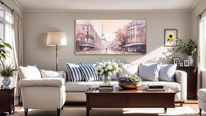Wall Art Paris Paintings Modern Artwork for Couple Room - Landscape Canvas for Living Room, Bedroom, Office - Large Decor 24"x48" Framed