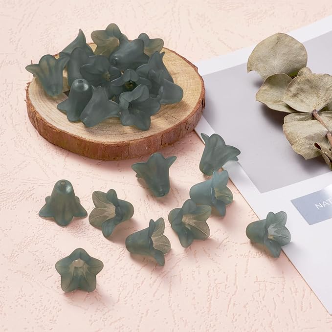 Crafans 50Pcs Frosted Acrylic Flower Beads 17.5x12x1.5mm Transparent Floral Pendants Clear Flower Bead Caps Loose End Spacer Beads for Jewelry Making Dark Green
