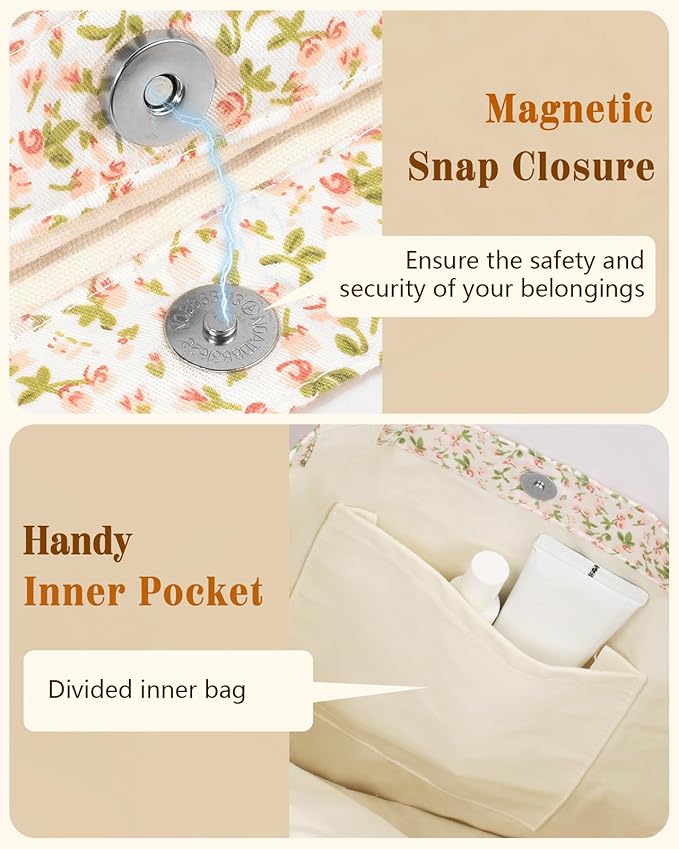 Aesthetic Cotton Tote Bag for Women - Reusable Shoulder Bag with Buckle Fabric Bag for Gym, Travel, Work