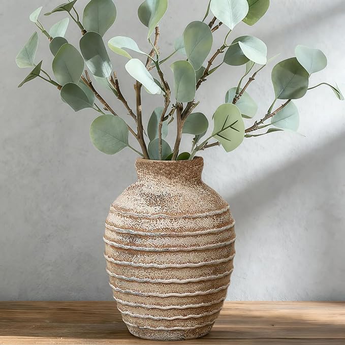 Ceramic Vase, 6.7 inch Ribbed Textured Minimalist Rustic Farmhouse Terracotta Vase for Home Decor, Table, Living Room, Entryway, Shelf, Mantel Decoration (Rust)