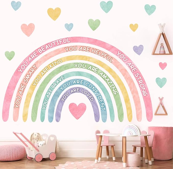 Large Rainbow Wall Stickers Kids Inspirational Wall Decal for Girl Bedroom Peel and Stick Watercolor Rainbow Wall Decals Pastel Pink You are Decor Vinyl Positive Art Murals for Baby Bedroom Playroom