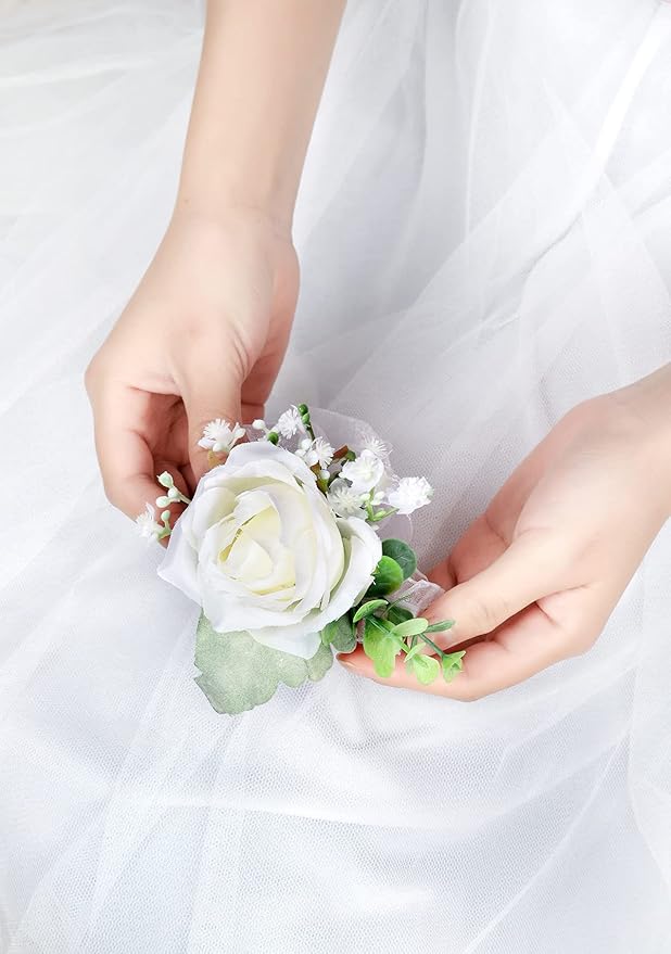 White Rose Wrist Corsages Wristlet Band Bracelet for Wedding,Set of 6, Ivory Eucalyptus Wrist Flower Wristband Hand Flower for Bride, Bridesmaid, Mother of Bride, Prom Party Decor