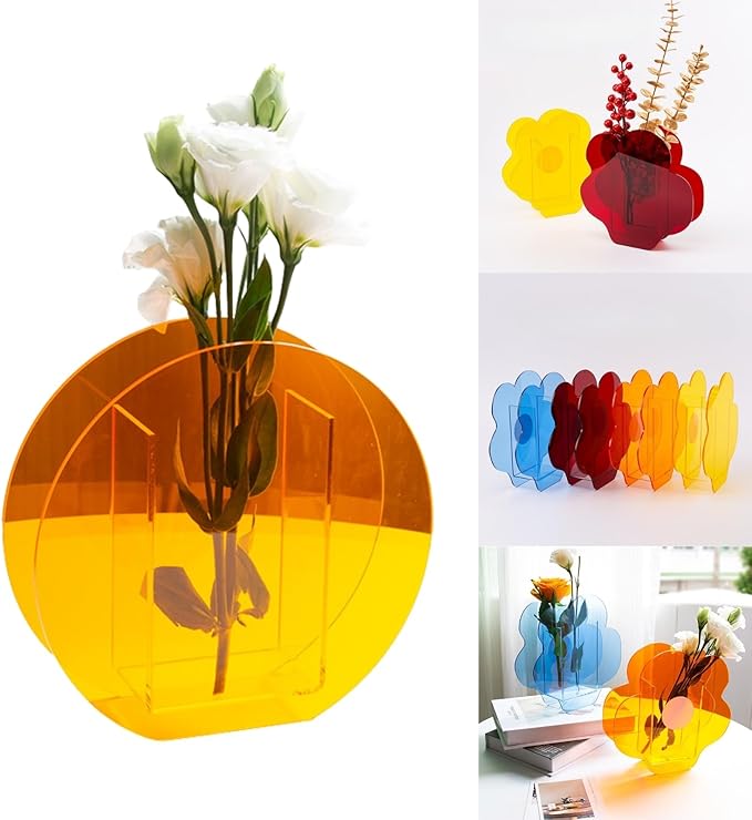 Acrylic Round Vase in Vibrant Orange, Modern Decorative Centerpiece for Living Room, Dining Table, or Office Display (Round Style)