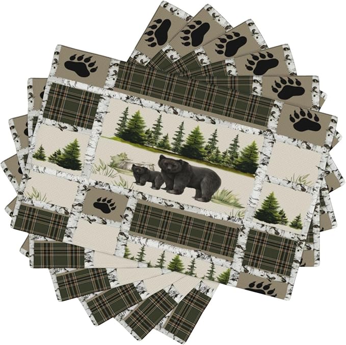 Forest Bear Moose Place Mats Set of 6 Pine Tree Wild Animal Kitchen Dining Table Mat for Indoor Outdoor Decorations 12 X 18 Inch 6 PCS, Style-19