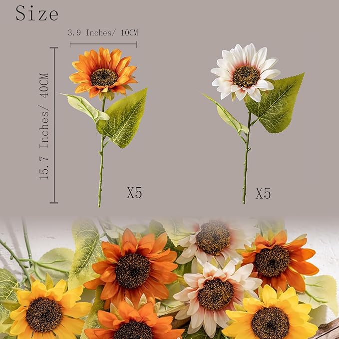 10 Pack Sunflowers Artificial Flowers - Realistic Fake Sunflowers for Home Decor, UV Resistant Silk Flowers for Wedding Centerpieces Farmhouse Office Outdoor Decoration (5 Orange & 5 White)
