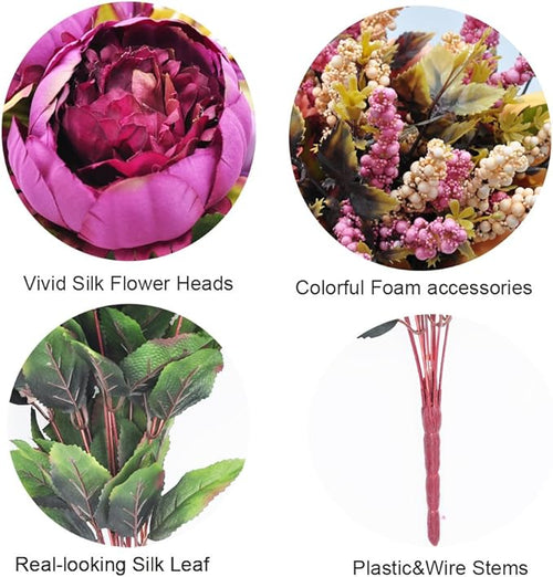 1pcs Artificial Peony Bouquet,19 Inch Silk Peony Bunch with 7 Faux Flowers,Classical Style Artificial Flowers with Leaves and Ornaments for Wedding,Home Décor Centerpieces(Purple)