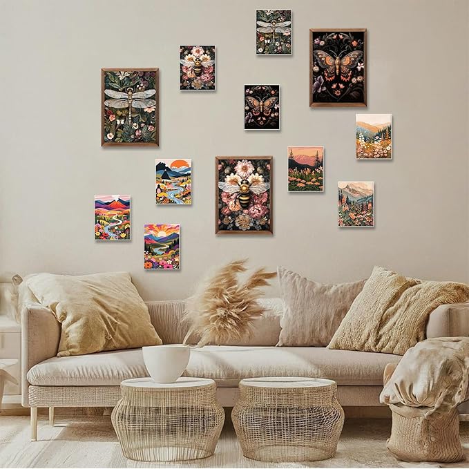 Retro Insect Bee Butterfly Dragonfly Wall Art Set Of 3 24x16In Wood Framed, with 9 Bonus Posters 8"x10", Nature plant Canvas Decoration Paintings Artwork for Office Bedroom Living Room Home Decor