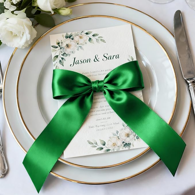 1-1/2" x 25 Yards Satin Ribbon, Green Silk Ribbon Ideal for Gift Wrapping, Floral Bouquets, Crafts, Wedding Party Decorations, Christmas and Sewing Projects