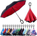 Inverted Umbrella, 49 Inch Double-Layer Vented Reverse Umbrella, Windproof Waterproof UV Protection, Lightweight C-Handle, Fiberglass Ribs, Steel Shaft, Travel/Commute/Car Use, With Sleeve