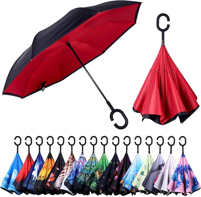 Inverted Umbrella, 49 Inch Double-Layer Vented Reverse Umbrella, Windproof Waterproof UV Protection, Lightweight C-Handle, Fiberglass Ribs, Steel Shaft, Travel/Commute/Car Use, With Sleeve