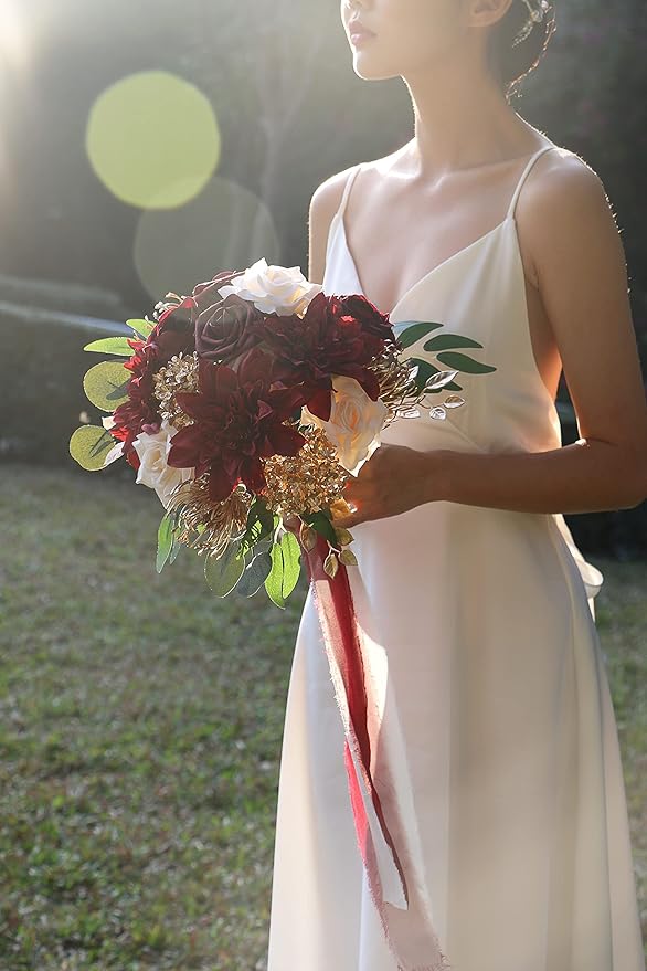 ponatia Artificial Flowers Wedding Flowers Combo for DIY Wedding Bouquets Party Decorations (Gold & Brugundy & Cream)