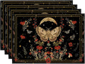 Artoid Mode Black Poppy Moth Moon Placemats Set of 4, 12x18 Inch Floral Spring Table Mats for Outdoor Home Party Kitchen Dining Decor