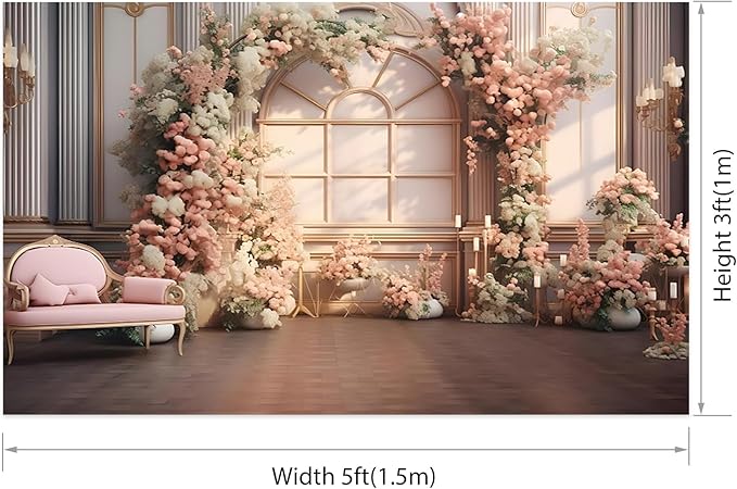AOTOFO 5x3ft Pink Flowers Wedding Backdrop Elegant Rose Blossom Floral Pretty Plant Photography Background for Woman Bride Party Girls Bridal Shower Photo Studio Shoot
