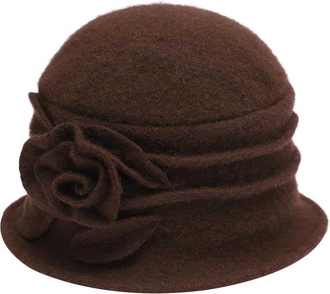 ZLYC Women Wool Cloche Bucket Hat 1920s Vintage Dress Winter Hats with Flower Accent
