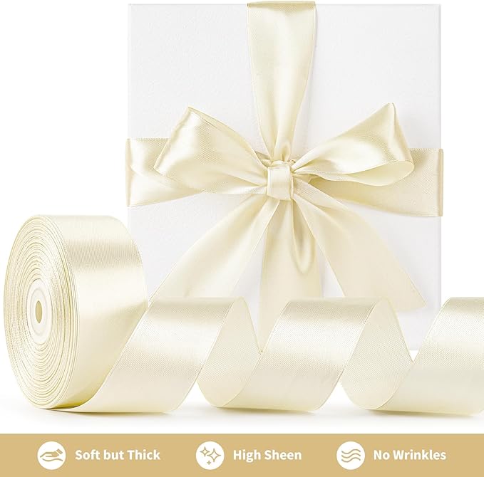 1-1/2 Inch Wide Ivory Satin Ribbon, 50 Yards Solid Polyester Fabric Ribbon for Roses Making, Gift Wrapping, Christmas, Wedding Decorations, Crafts, Bows