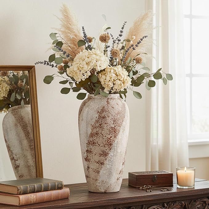 Vintage Ceramic Vase, Minimalist Texture Stone Patterned White Flower Vase, Decorative Vase for Living Room Shelf Farmhouse Dining Table Centerpiece Decor (Rustic 13.7'')