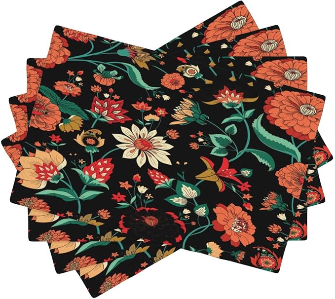 Boho Mandala Flower Placemats, Abstract Nature Hippy Orange Nature Flower Art Print Washable Fabric Placemats Table Kitchen Dining Party 12x18 Inch Set of 4