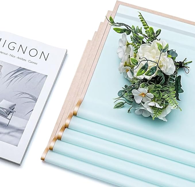 30 Sheets Misty Blue Gold Edge Flower Bouquet Wrapping Paper，Florist Supplies Waterproof Floral Bouquet Wrapping Paper Bouquet Accessorie，Flower Shop Packaging Pape for DIY Gift Wedding Birthday