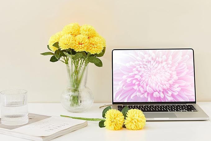 SITUMEIZI 12 Pcs Yellow Artificial Chrysanthemums Flowers Ball Flower Fake Mums Silk for Fall Thanksgiving Day Wedding Home Kitchen Decoration Floral Arrangement