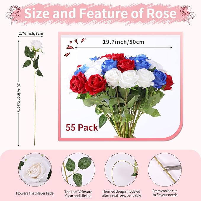 52 PCS Mixed Artificial Roses Bulk, Fake Artificial Flowers Wedding Bouquet Silk Faux Rose with Stems for Wedding Flowers Decoration, Valentines Roses, Bridal Bouquet Roses, Wedding Decoration