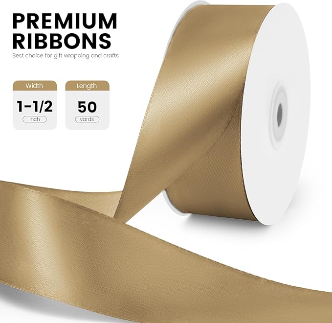 1-1/2" x 50 Yards Satin Ribbon - Champagne Gold Silk Ribbon with Spool - Ideal for Gift Wrapping, Floral Bouquets, Crafts, Wedding Party Decorations, Christmas and Sewing Projects