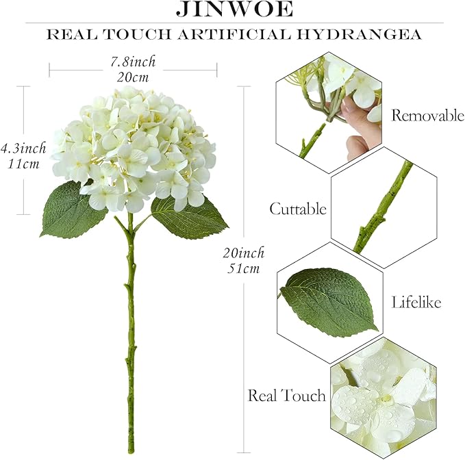 White Flowers Hydrangea Artificial Flowers, 4Pcs 20" Real Touch Lifelike Faux Silk Flowers, Full Fake Artificial Hydrangeas with Stems for Bouquet Table Centerpieces Spring Home Decoration