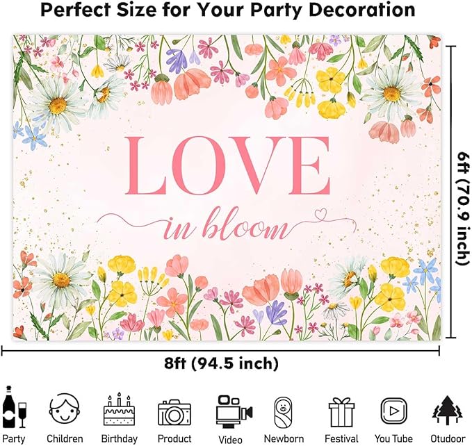 Sensfun Love in Bloom Bridal Shower Decorations Wildflower Wedding Shower Backdrop Pink Love in Bloom Engagement Party Background Spring Floral Wedding Bachelorette Party Decorations Supplies 8x6ft