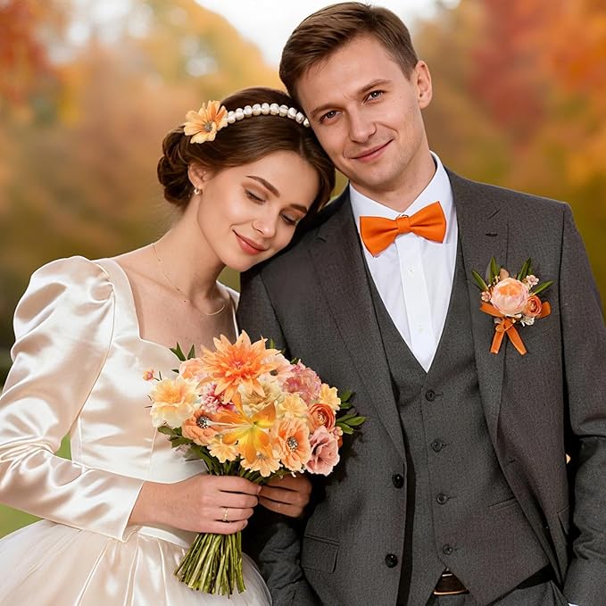 Fall Artificial Flower Heads Combo - 48pcs Orange Silk Flowers Bulk Faux Rose for Wedding Decor, Bridal Bouquets, Graduation Parties, Cake Toppers & Home DIY Crafts