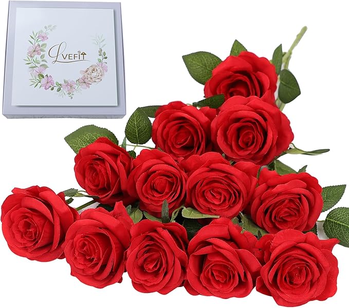 Artificial Rose Flower Red Flowers Red Rose Flowers Silk Flowers 12 pcs with Long Stem Silk Roses Bouquet for Wedding Bridal Shower Party Home Decoration