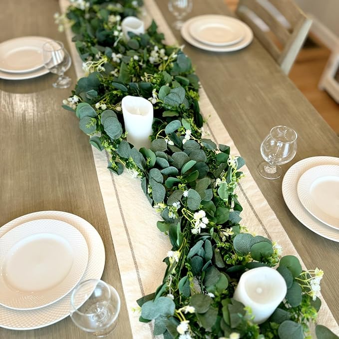 CQURE 4 Pack 5.9Ft Eucalyptus Garland,Artificial Eucalyptus Flowers Leaves Table Greenery Garland Wreath Vines for Wedding Party Table Fireplace Bedroom Wall Room Decor