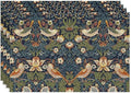 William Morris Floral Placemats Set of 4, Vintage Flower Strawberry Birds Green Place Mats, Heat Resistant Non Slip Cotton Linen Dining Table Mats for Home Kitchen Party 18x12 Inch