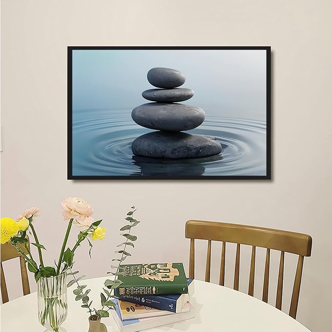 Zen wall art Harmonious grey stones stacked on a calm surface of water Serene Zen decor suitable for tranquil homes and spaces of meditation 12x18in Metal blackFramed